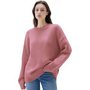 Women Cashmere Blend Oversized Crew Neck Pink Rose Soft Warm Pullover Sweater